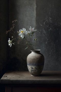 Nature morte avec vase et fleurs et fond en béton sur Digitale Schilderijen