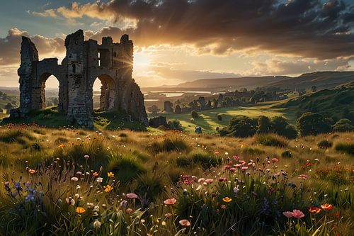 Schotse Highlands met wilde bloemen en Ruïne.