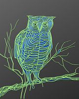 Uil op tak groen-blauw-grijs