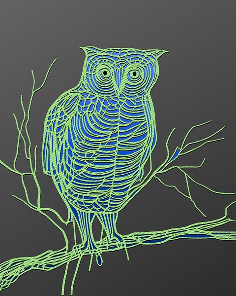 Uil op tak groen-blauw-grijs van Harmanna Digital Art