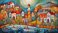 colourful fishing village in autumn naive