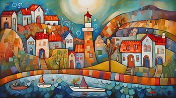 buntes Fischerdorf im Herbst naiv