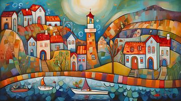colourful fishing village in autumn naive by Jan Bechtum