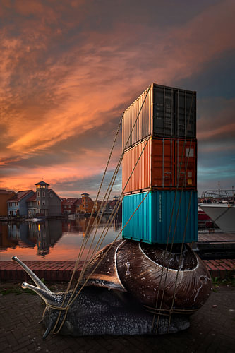 Escargot au port - coucher de soleil, Reitdiephaven et nuages.