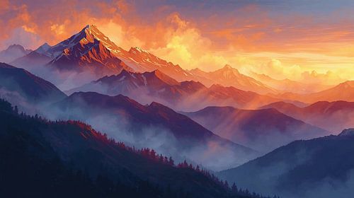 Majestueuze bergen in gouden gloed bij zonsondergang