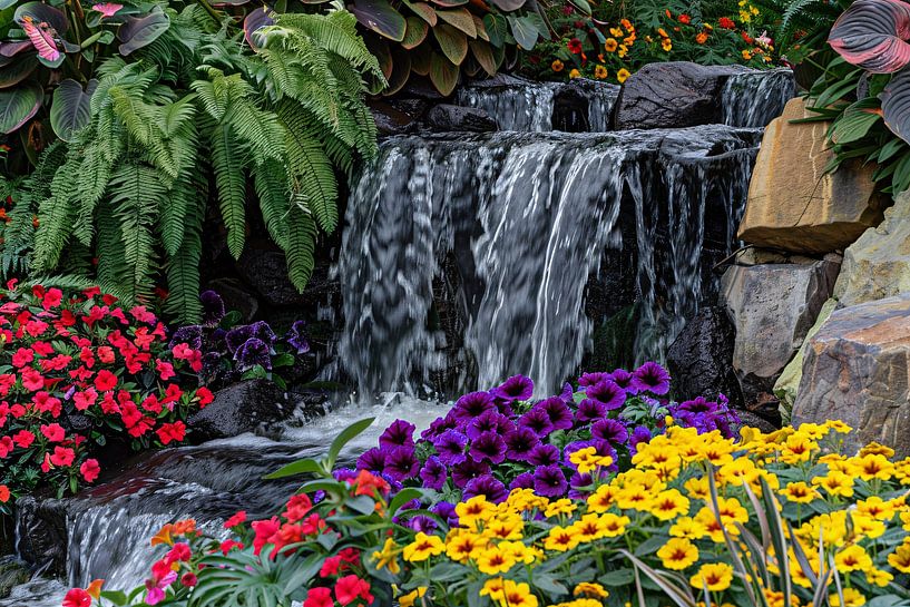 Colourful garden with flowers and waterfall by Art & Soul Creations