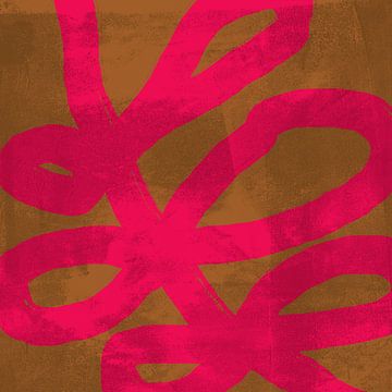 Neonroze blad op donker oker. Kleurrijke abstracte kunst. van Dina Dankers