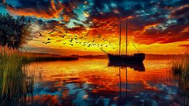 oil painting polder landscape with boat