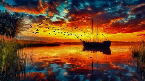 olieverf schilderij polderlandschap met boot
