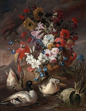 Blumenstillleben mit einem Papagei und Enten, Andrea Belvedere