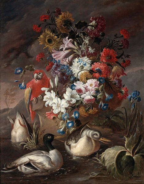 Blumenstillleben mit einem Papagei und Enten, Andrea Belvedere von Meisterhafte Meister
