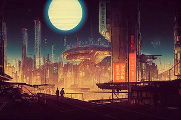 Woontorens met een volle maan in Neo Megacity van Josh Dreams Sci-Fi