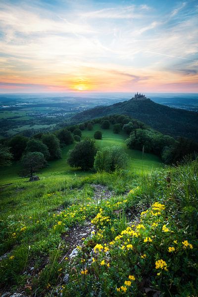 Kasteel Hohenzollern bij zonsondergang vanaf de Zeller Horn. In de buurt van Hechingen in Baden-Würt van Daniel Pahmeier