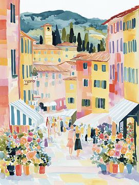 Watercolour of a village street in Italy – flowers & Mediterranean architecture by Niphion Art