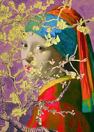 Boucle d'oreille fille à la perle avec fleur d'amandier multicolore sur Digital Art Studio