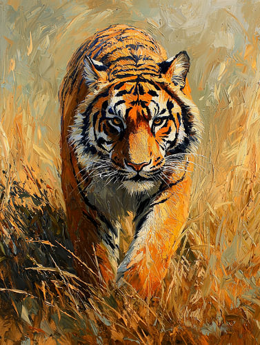 Tiger im hohen Gras – kraftvolles Impasto-Tierporträt