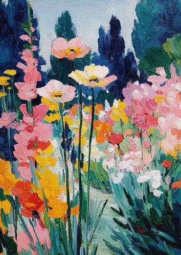 Impressionistische tuin met klaprozen