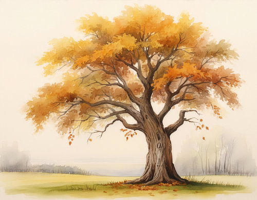 A majestic old oak tree in an autumn meadow – a watercolour landscape painting