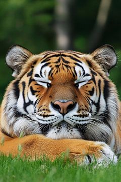 Sleeping tiger in grass by Art & Soul Creations