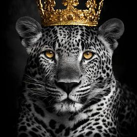 Leopard in black and white with golden crown by John van den Heuvel