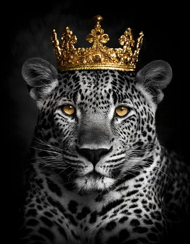 Leopard in Schwarz und Weiß mit goldener Krone von John van den Heuvel