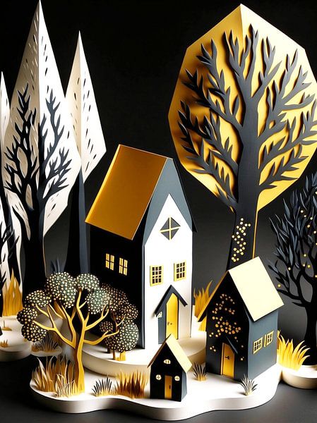 Paysage miniature papier blanc noir gris jaune maisons arbres par gm_designs