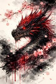 Illustration fantastique à l'aquarelle représentant un dragon noir et des fleurs de cerisier sur Faheem Beigh