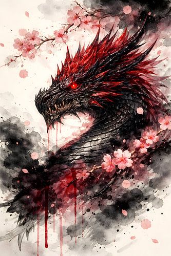Illustration fantastique à l'aquarelle représentant un dragon noir et des fleurs de cerisier