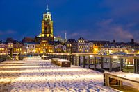 Skyline of Deventer at the river IJssel during a cold winter evening