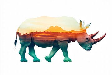 Neushoorn en zonsondergang van Poster Art Shop