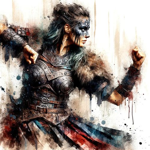 Viking Warrior Woman Watercolor Portrait by Chromatic Fusion Studio