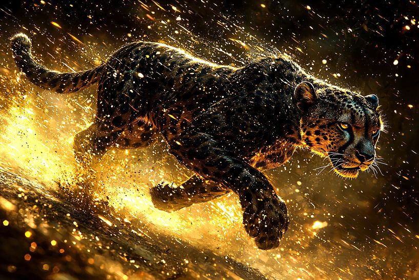 Jaguar in beweging met vuur van Art & Soul Creations