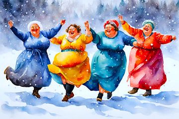 4 dames dansant dans la neige sur De gezellige Dames