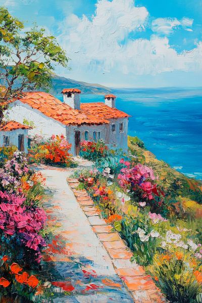Coastal house with flowers by Poster Art Shop