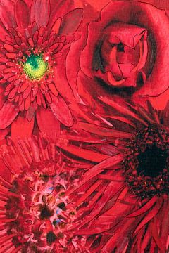 Mixed media met verschillende bloemen in rood. van Therese Brals