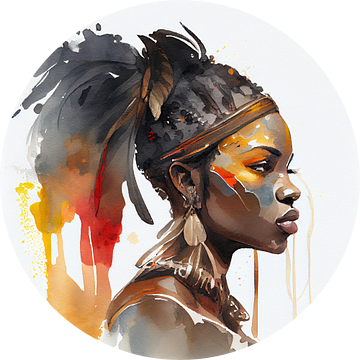 Aquarel Afrikaanse Krijger Vrouw #7 van Chromatic Fusion Studio