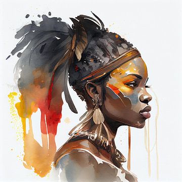 Aquarel Afrikaanse Krijger Vrouw #7 van Chromatic Fusion Studio