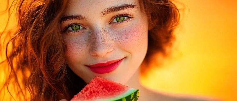 Fröhliches Mädchen mit Melone im Sonnenlicht von Poster Art Shop