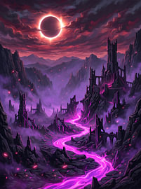 Dark Fantasy Castle Ruins Total Solar Eclipse Celestial Landscape Illustration by The Deeper Way