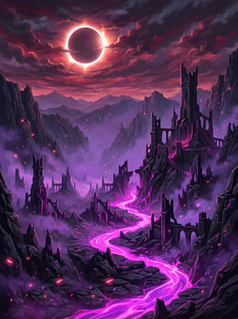 Dark Fantasy Castle Ruins Total Solar Eclipse Celestial Landscape Illustration