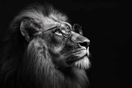 Lion à lunettes en noir et blanc sur Digitale Schilderijen