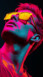 Porträt eines Mannes mit bemaltem Gesicht und  Sonnenbrille im Pop-Art-Design vertikal