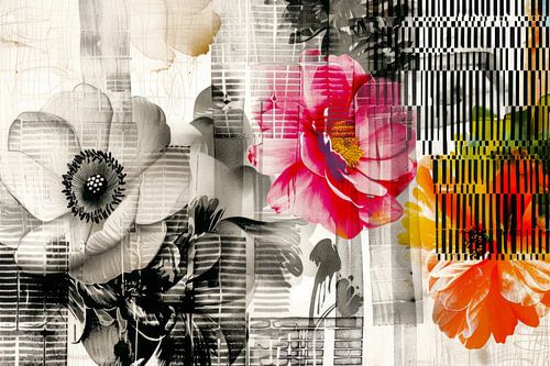 Bloemen in grafisch patroon - Levendig abstract schilderij