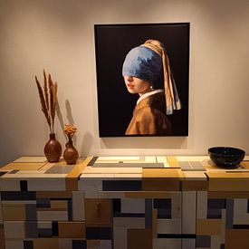 Customer photo: Girl with a Pearl Earring and a wardrobe malfunction by Maarten Knops, on canvas