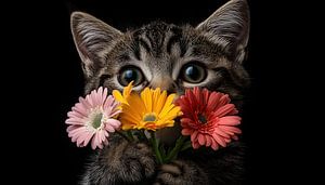 Bescheidene Katze mit buntem Blumenpanorama