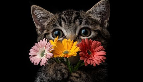 Bescheiden kat met kleurrijke bloemen panorama