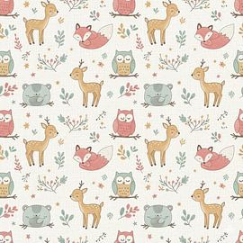 Seamless Pattern Cute Animals – Pastel Deer, Fox, Owl & Bear Design by Ruliyreed