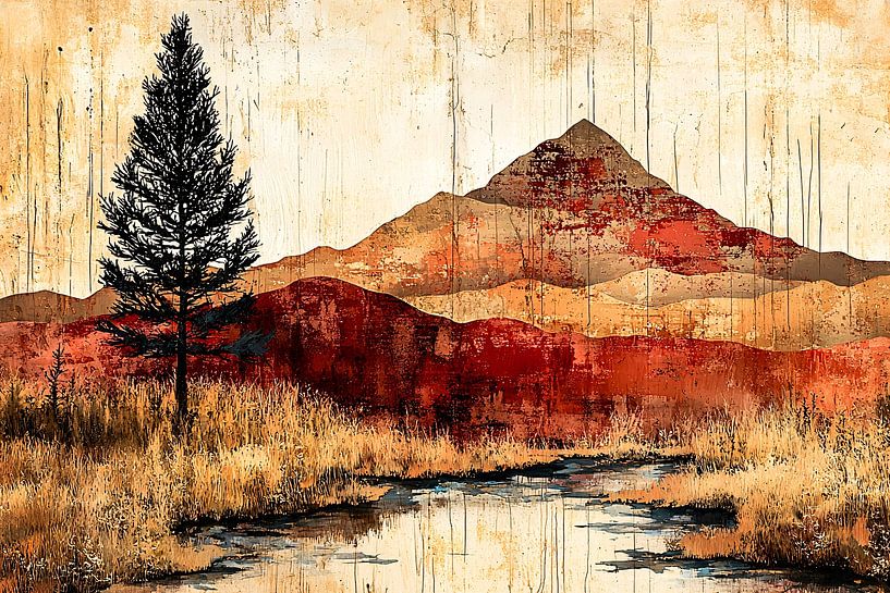 Warme Berglandschaft mit Baum von Imperial Art House