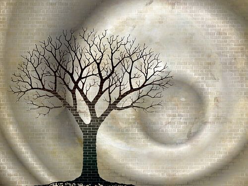 Tree and moon in space in light colours