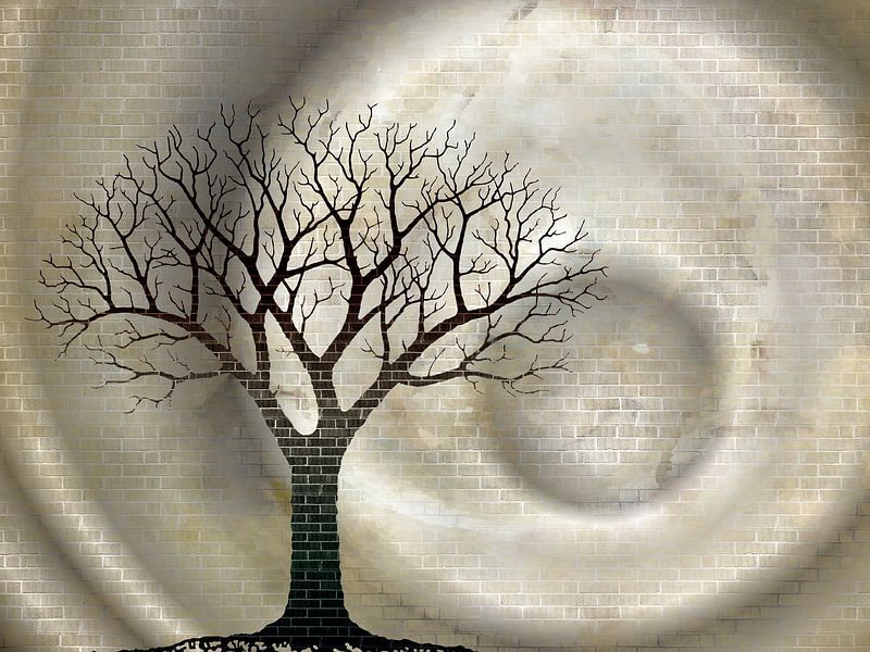 Tree and moon in space in light colours by Greta Lipman
